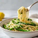asparagus and pasta with garlic lemon sauce and parmesan