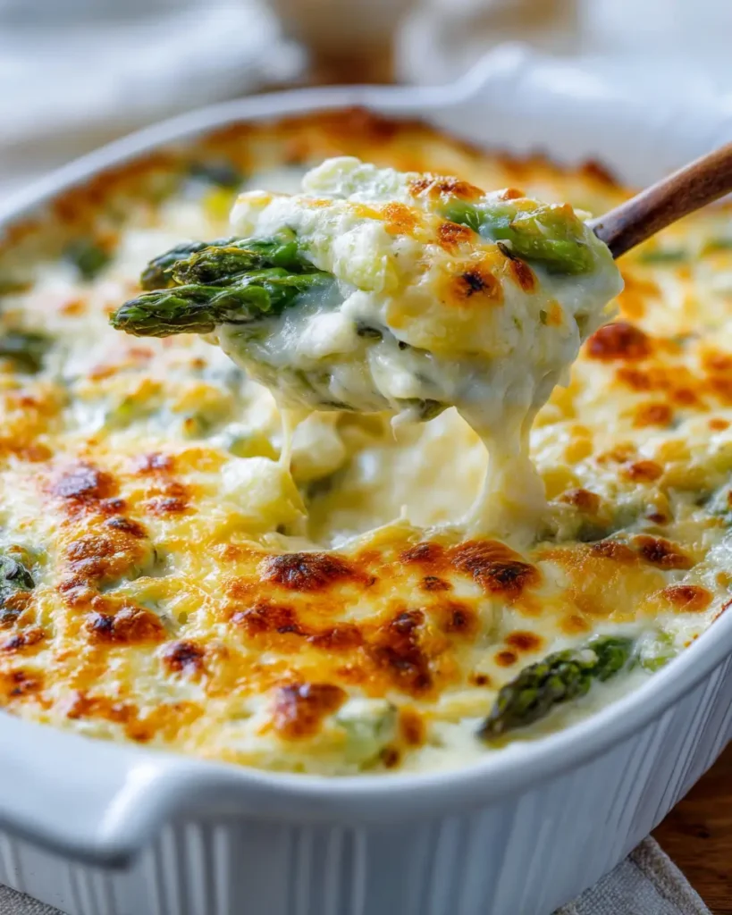 asparagus casserole with creamy sauce and golden cheese topping