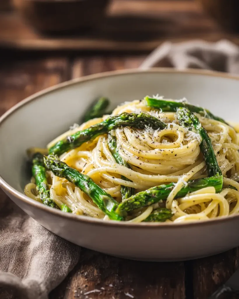 asparagus pasta recipe with lemon garlic sauce and parmesan