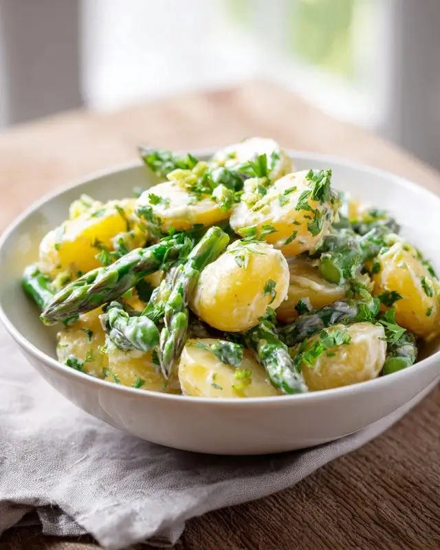 asparagus potato salad with creamy dressing and fresh herbs