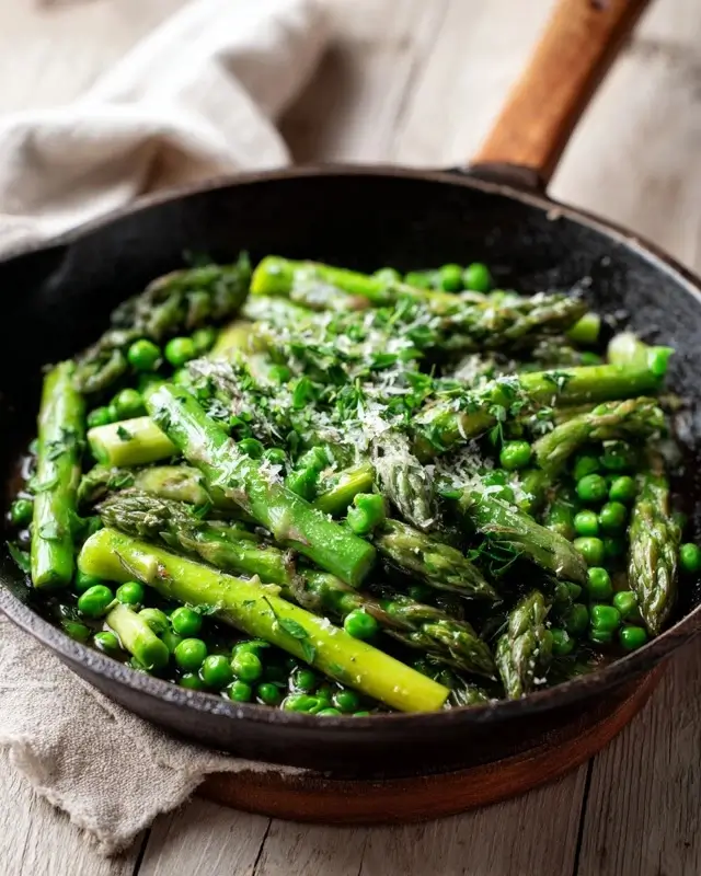 asparagus with peas sautéed with garlic and olive oil