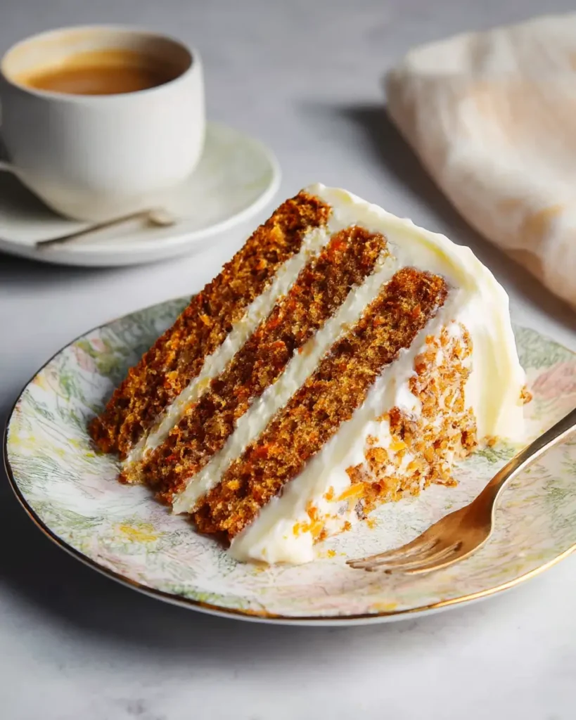 Home 10 best carrot cake recipe slice with cream cheese frosting on a plate