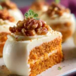 carrot cake desserts bars with cream cheese frosting and walnuts