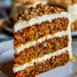 Slice of carrot cake recipe with cream cheese frosting on a dessert plate