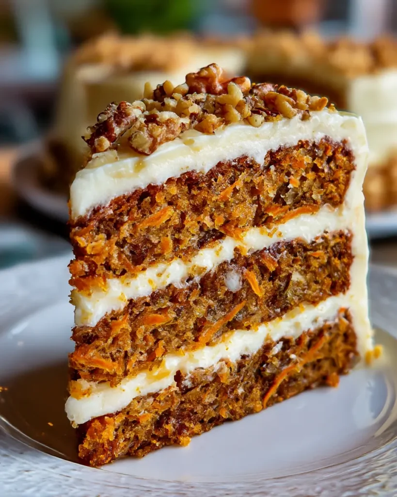 Slice of carrot cake recipe with cream cheese frosting on a dessert plate