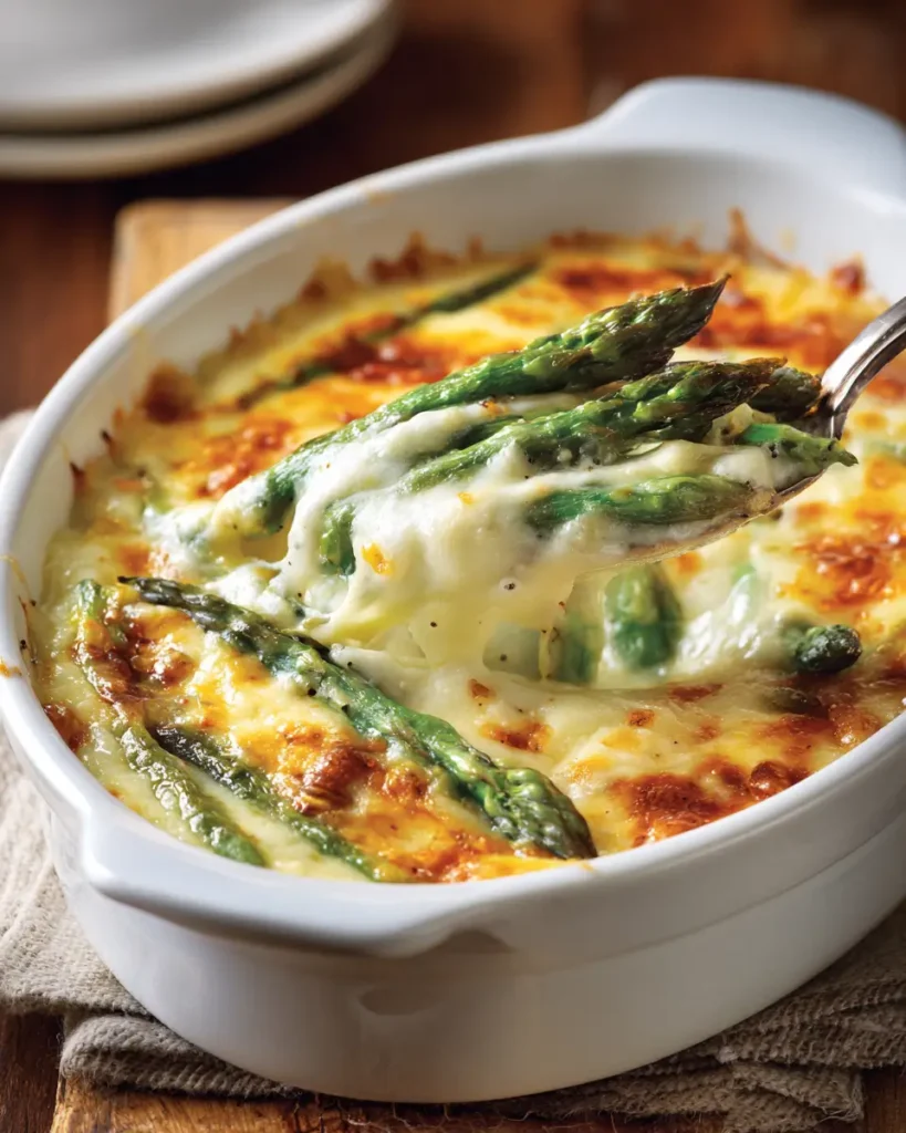 cheesy asparagus bake with creamy sauce and golden cheese