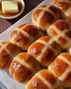 classic hot cross buns golden and glossy with butter on the side