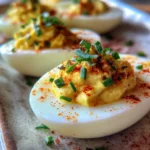 Deviled egg flight with creamy filling, paprika, and chopped chives on a serving platter