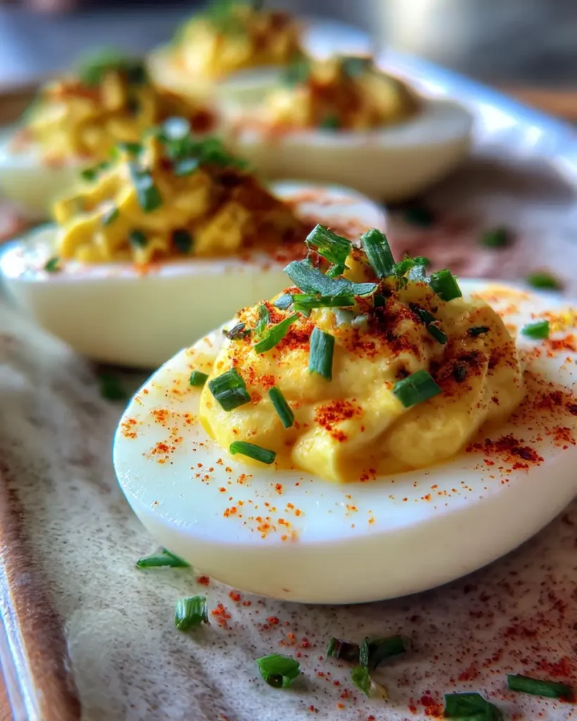 Deviled egg flight with creamy filling, paprika, and chopped chives on a serving platter