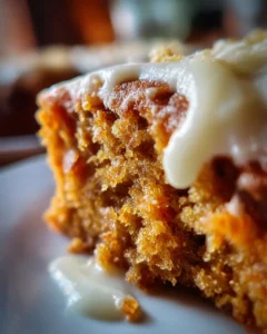Close-up of easy carrot cake with cream cheese frosting and a moist crumb