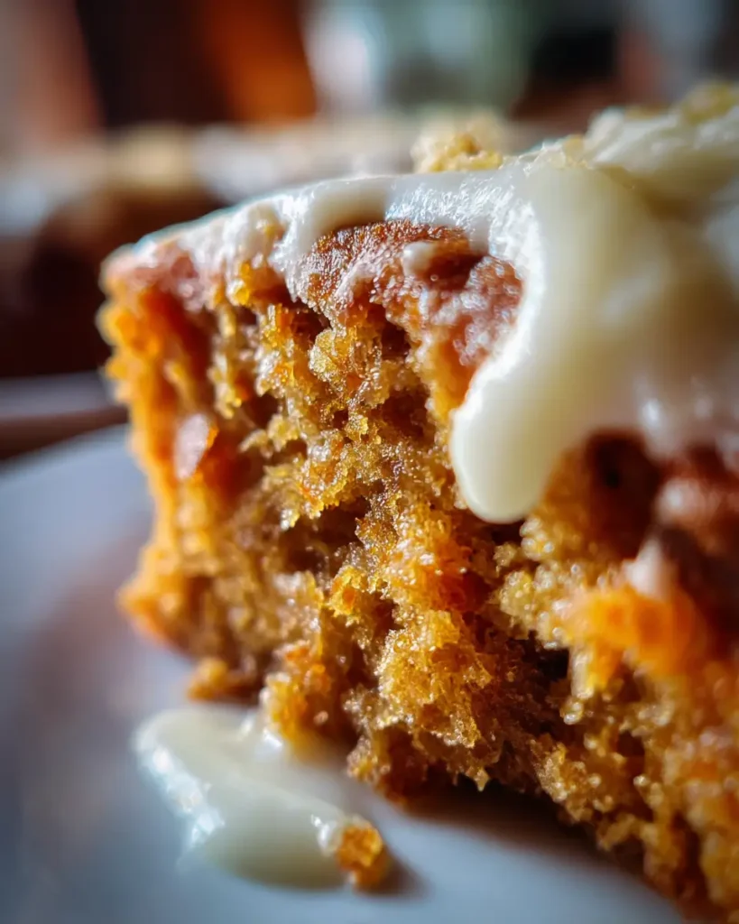 Close-up of easy carrot cake with cream cheese frosting and a moist crumb