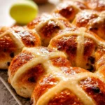 fluffy hot cross buns with glossy tops and classic crosses