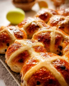fluffy hot cross buns with glossy tops and classic crosses