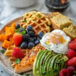 healthy mother’s day brunch ideas plate with waffles eggs avocado berries greens and toast