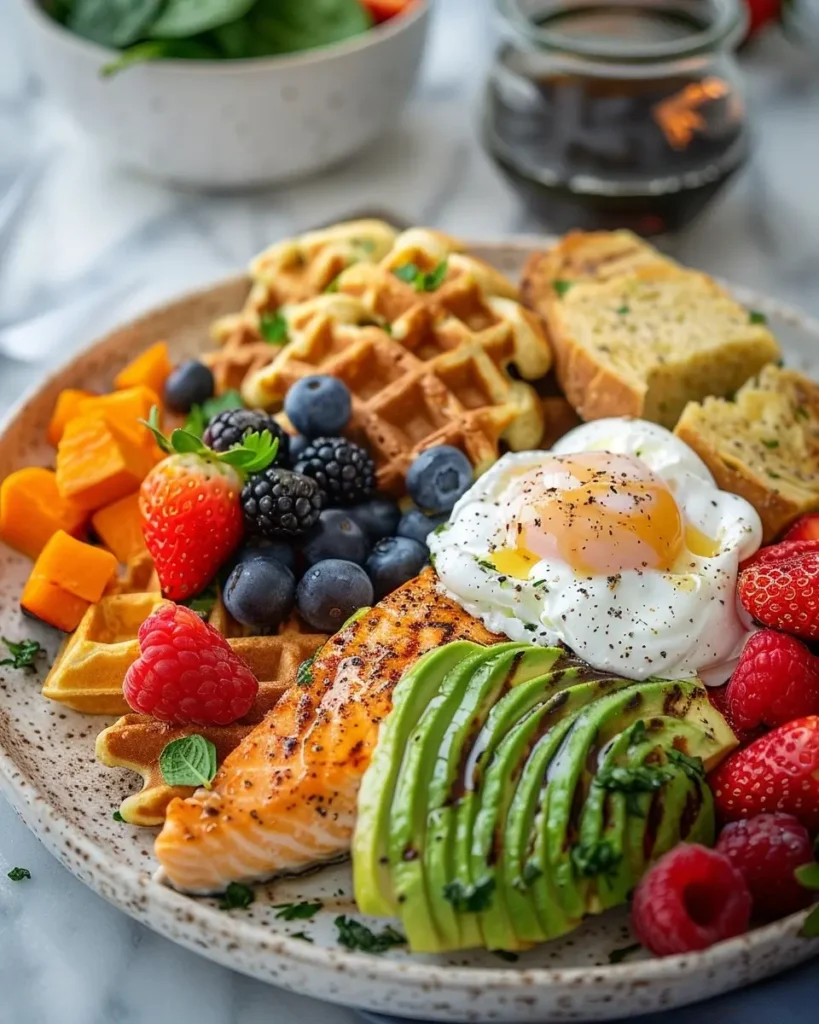 healthy mother’s day brunch ideas plate with waffles eggs avocado berries greens and toast