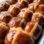 Homemade Hot Cross Buns 2 homemade hot cross buns baked until glossy and golden in a baking tray