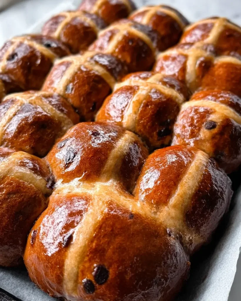 homemade hot cross buns baked until glossy and golden in a baking tray