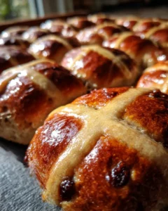 hot cross buns recipe baked until golden and glazed on top