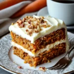 moist carrot cake recipe slice with cream cheese frosting and chopped nuts
