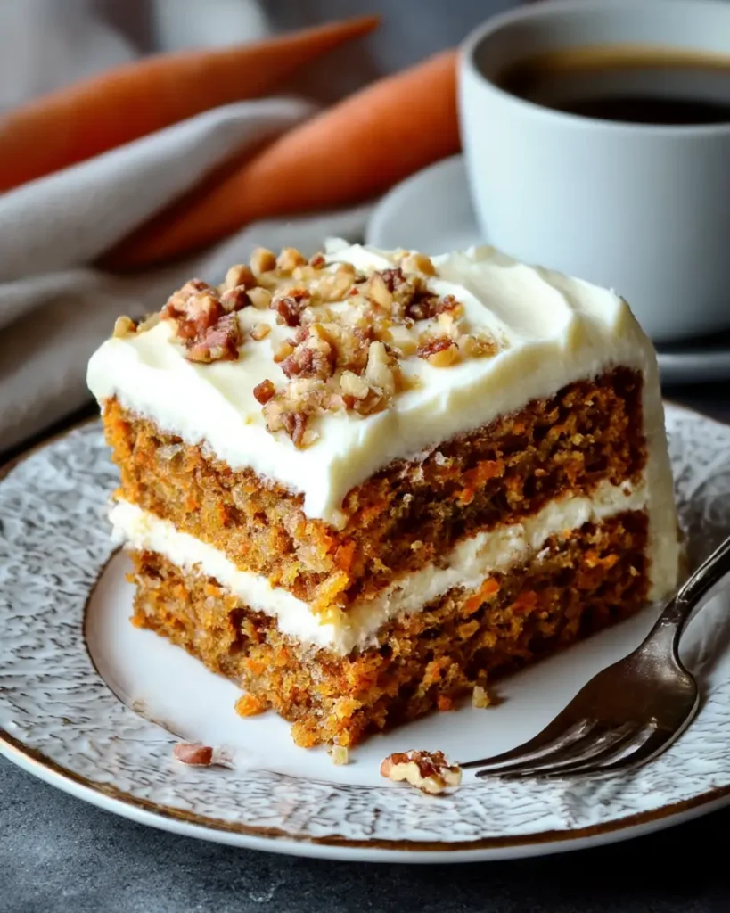 Home 11 moist carrot cake recipe slice with cream cheese frosting and chopped nuts