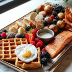 Mother’s Day brunch table with pancakes, fresh fruit, orange juice, pastries, and spring flowers