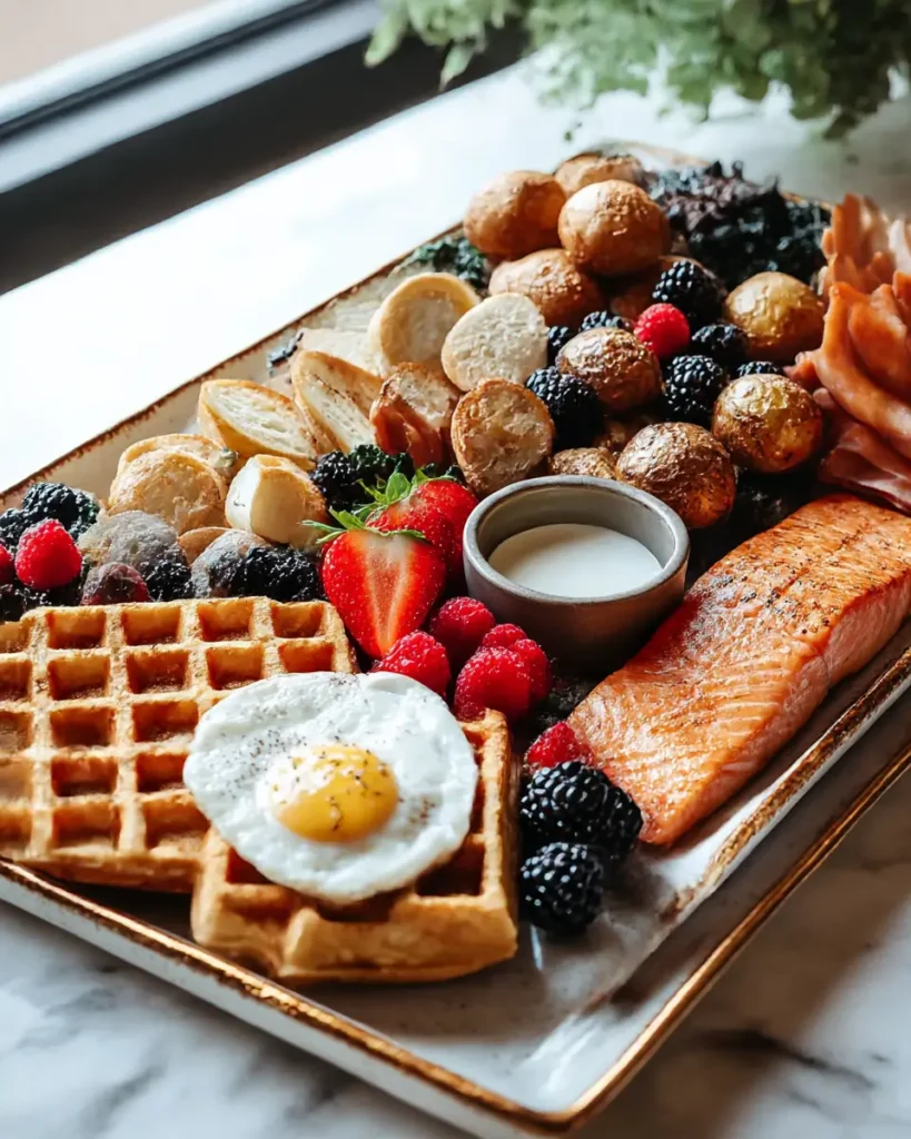 Mother’s Day brunch table with pancakes, fresh fruit, orange juice, pastries, and spring flowers
