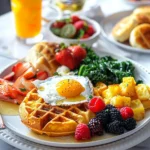 mother’s day brunch ideas for a crowd with waffles eggs berries greens and fresh fruit