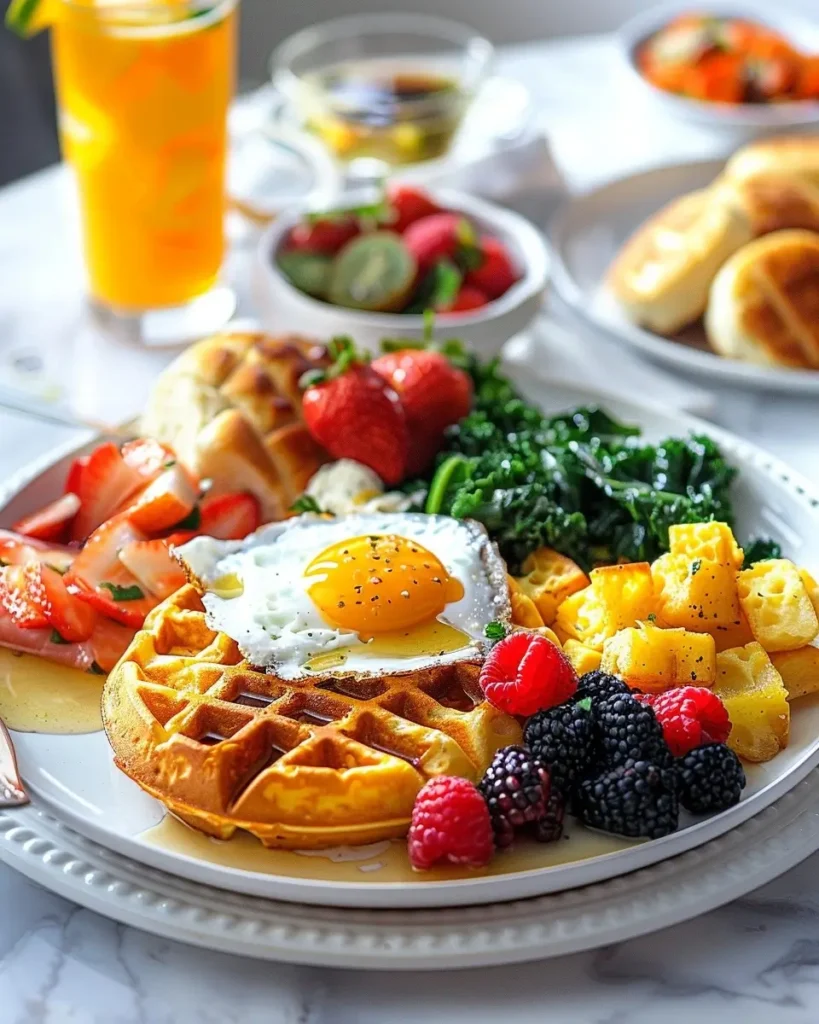 mother’s day brunch ideas for a crowd with waffles eggs berries greens and fresh fruit