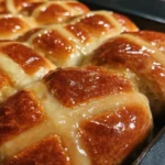 soft hot cross buns baked until glossy and golden in a dark pan