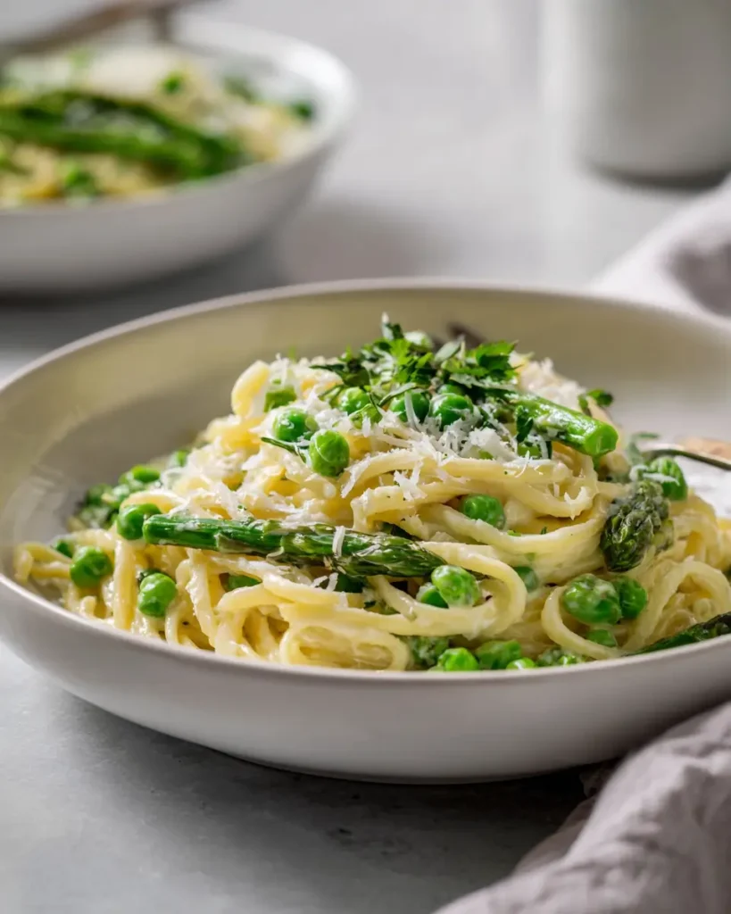 asparagus pea pasta with creamy sauce and fresh green vegetables
