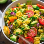 Avocado and Corn Salad with cherry tomatoes, red onion, and fresh herbs