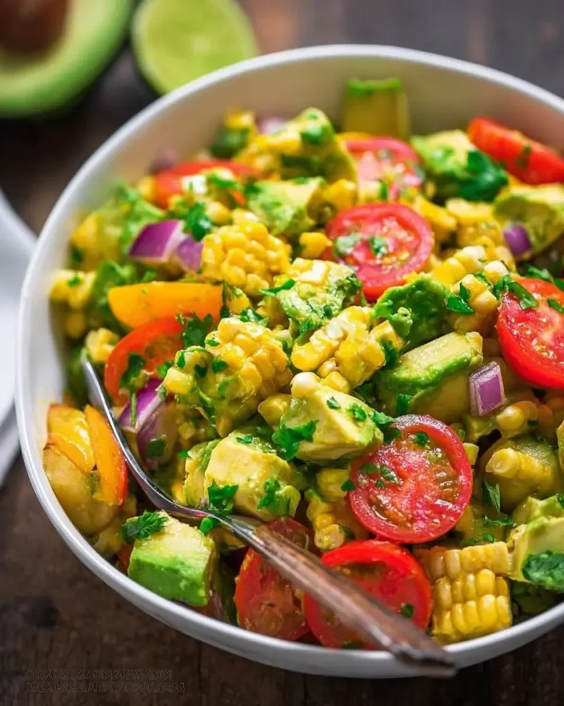 Avocado and Corn Salad with cherry tomatoes, red onion, and fresh herbs