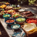 backyard taco bar with fresh toppings and build your own taco setup