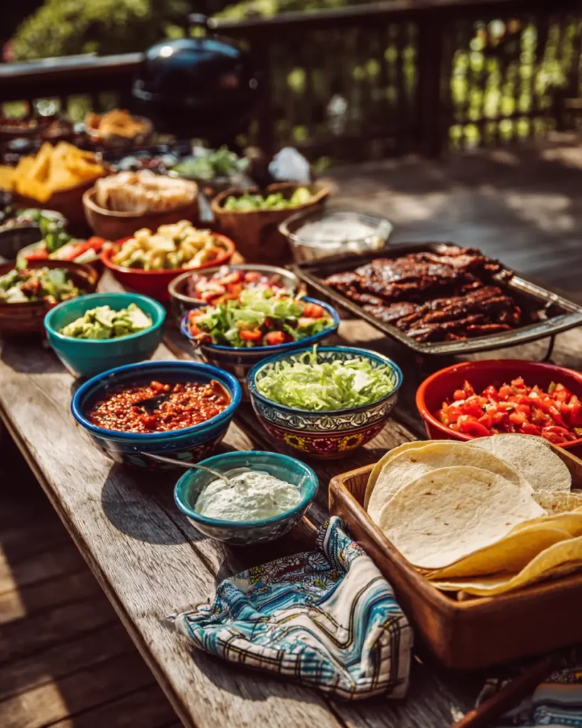 backyard taco bar with fresh toppings and build your own taco setup
