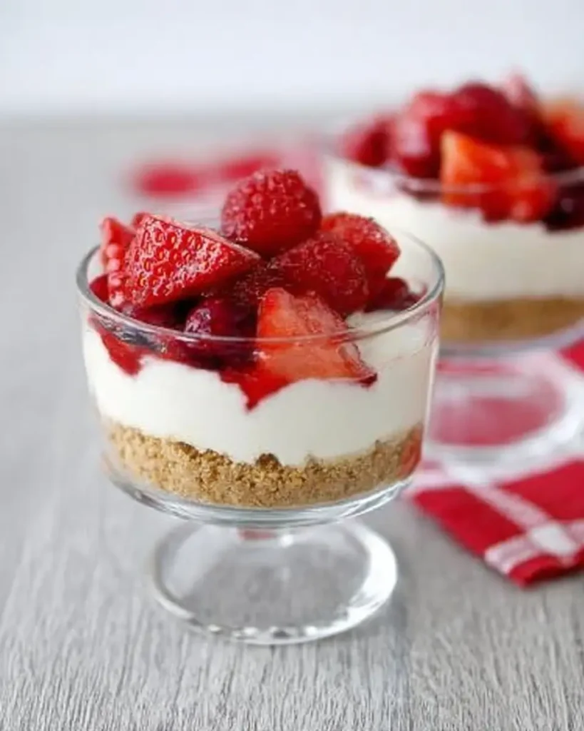 berry yogurt cheesecakes served in glass dessert cups with fresh strawberries and creamy cheesecake layers