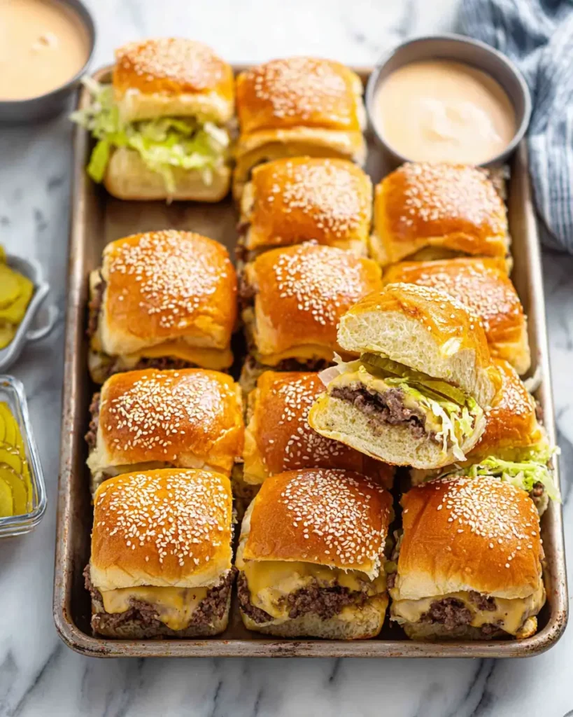 Big Mac-Style Cheeseburger Sliders topped with pickles, lettuce, cheese, and burger sauce