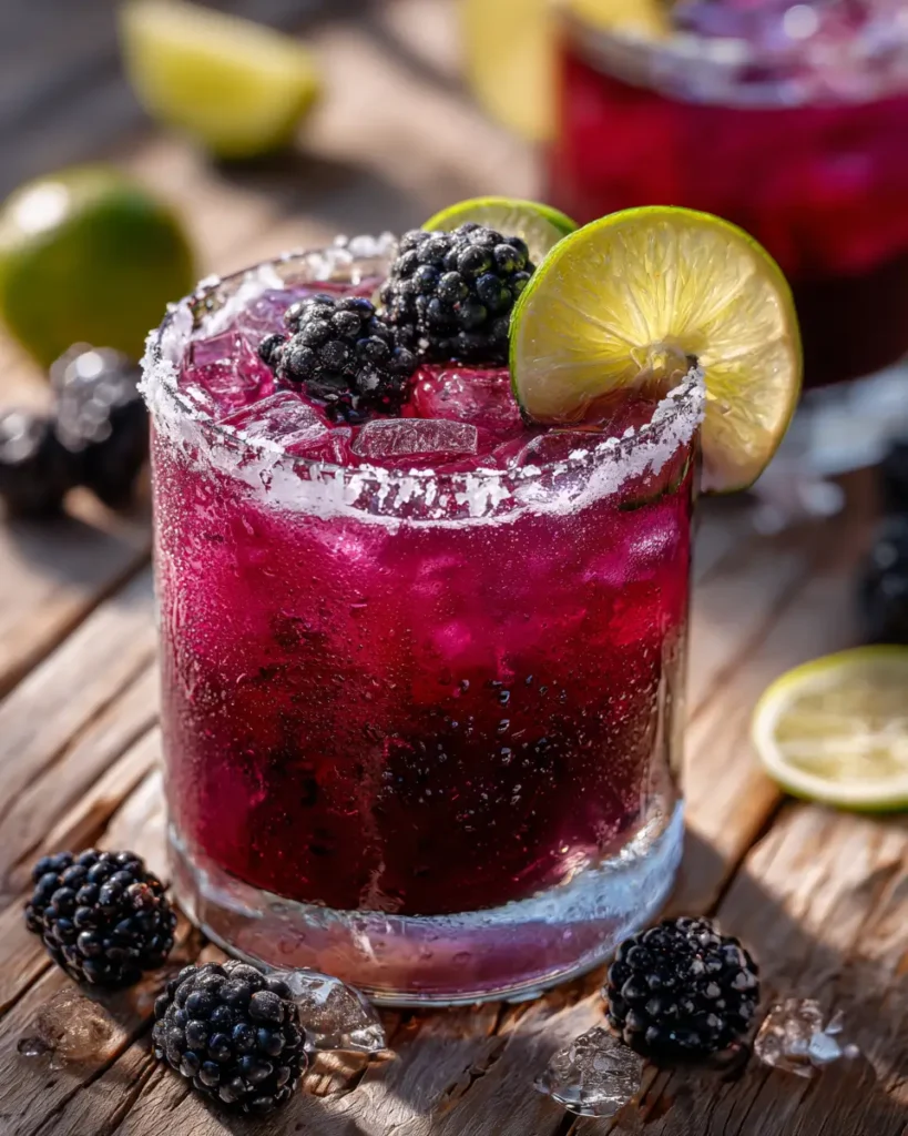 blackberry margarita with fresh berries and lime garnish in a glass
