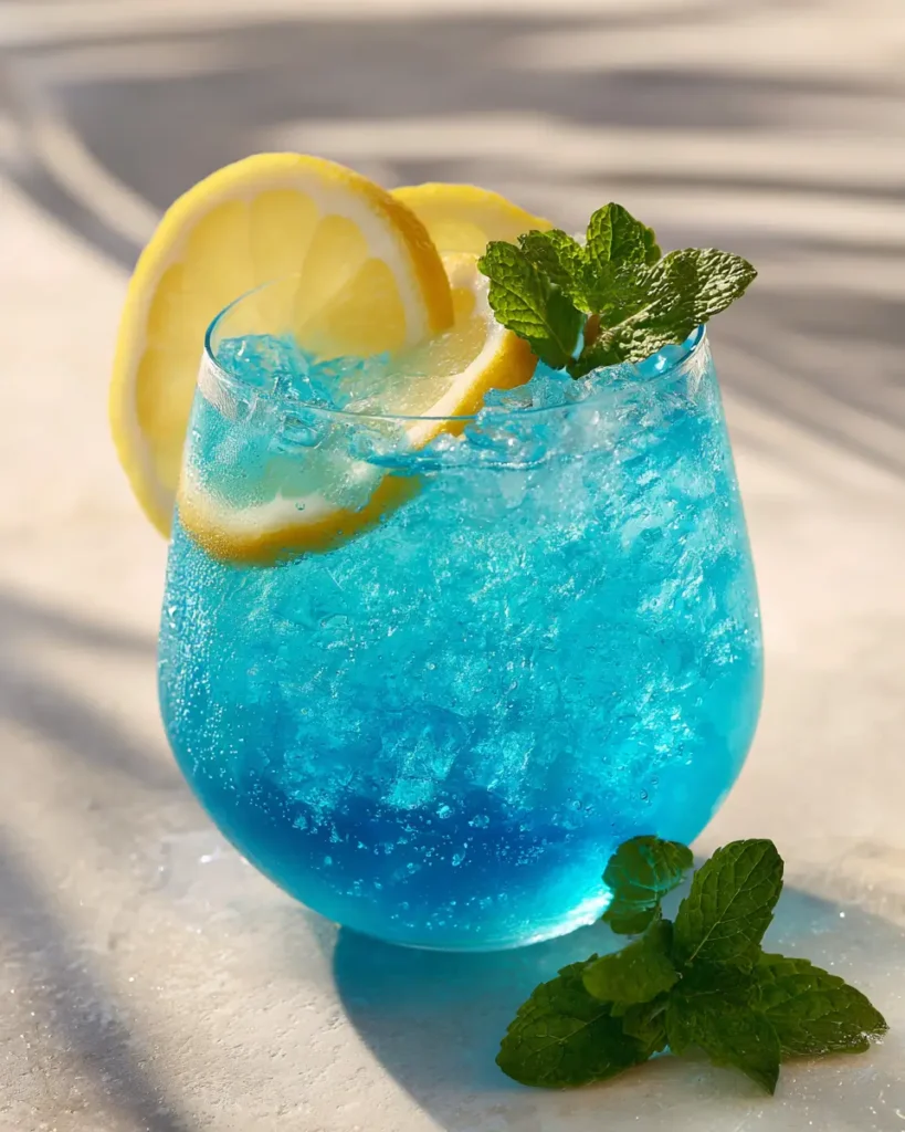 blue drink mocktail with citrus slices and ice in a clear glass