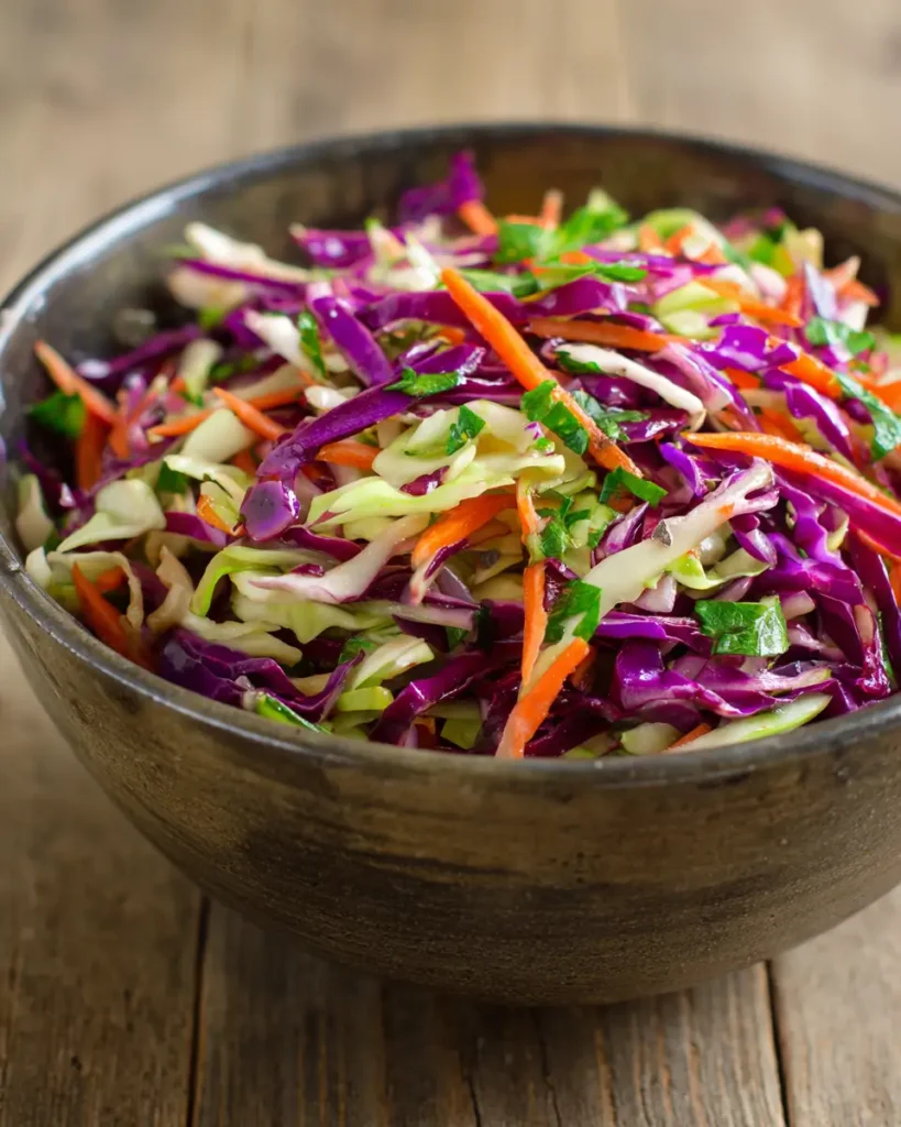 cabbage slaw for tacos with fresh lime and herbs in a bowl