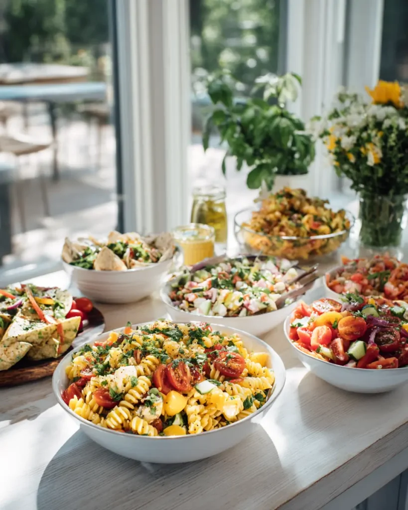 cheap summer meals on a budget with fresh pasta salad and vegetables