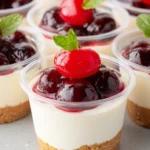 Cheesecake Cups topped with cherry sauce and fresh cherries in mini dessert cups