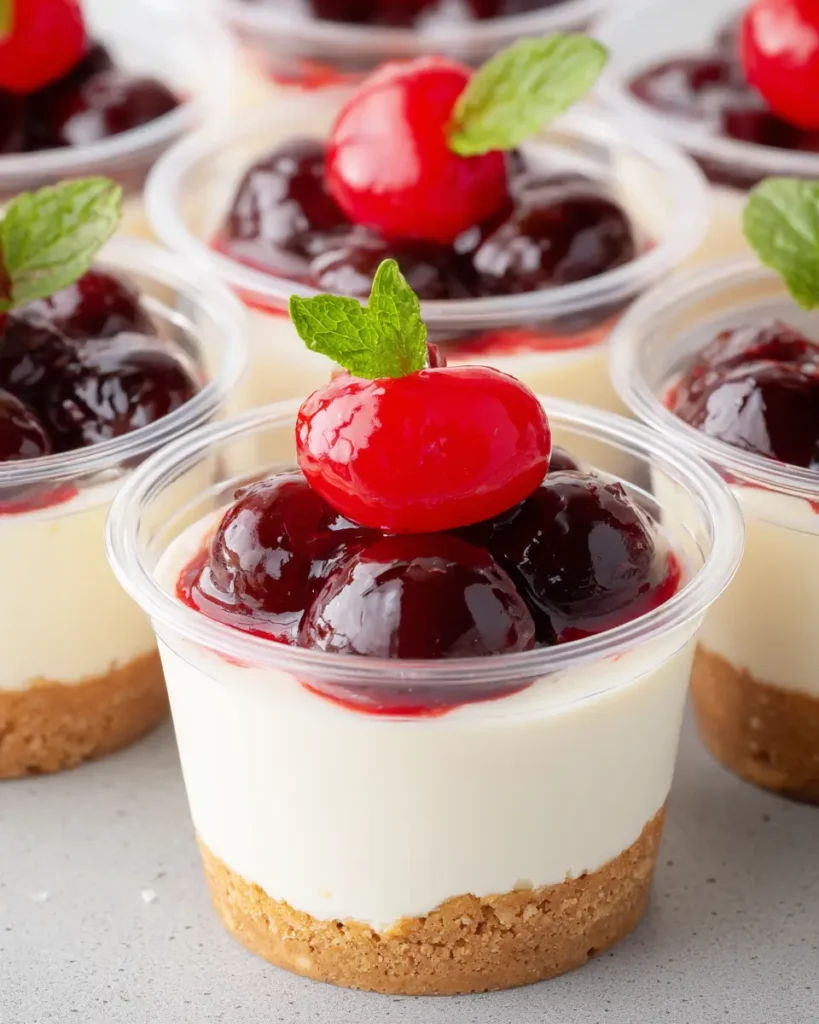 Cheesecake Cups topped with cherry sauce and fresh cherries in mini dessert cups