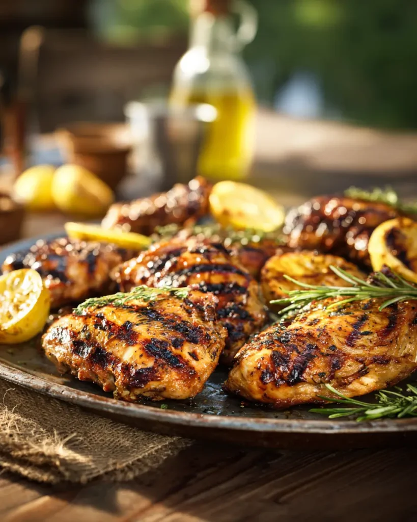 chicken grilling recipes with juicy grilled chicken and herbs on platter