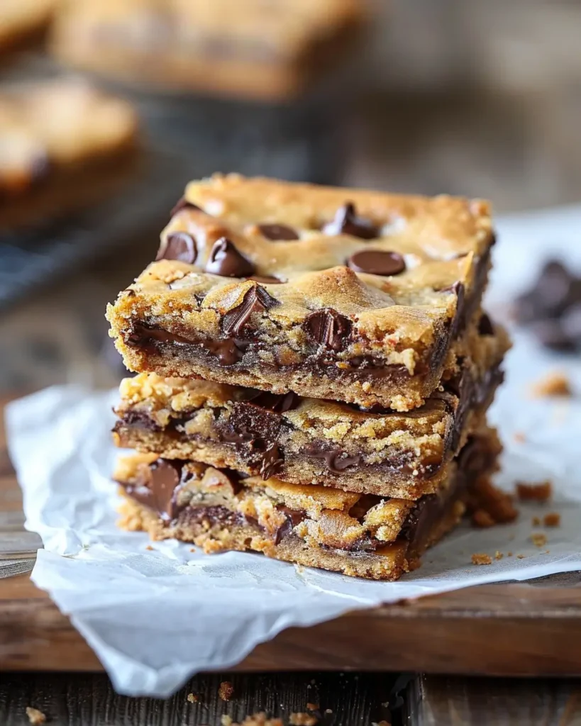 Chocolate Chip Cookie Bars stacked with melted chocolate chips and chewy texture