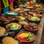 cinco de mayo taco bar ideas with colorful toppings and party setup