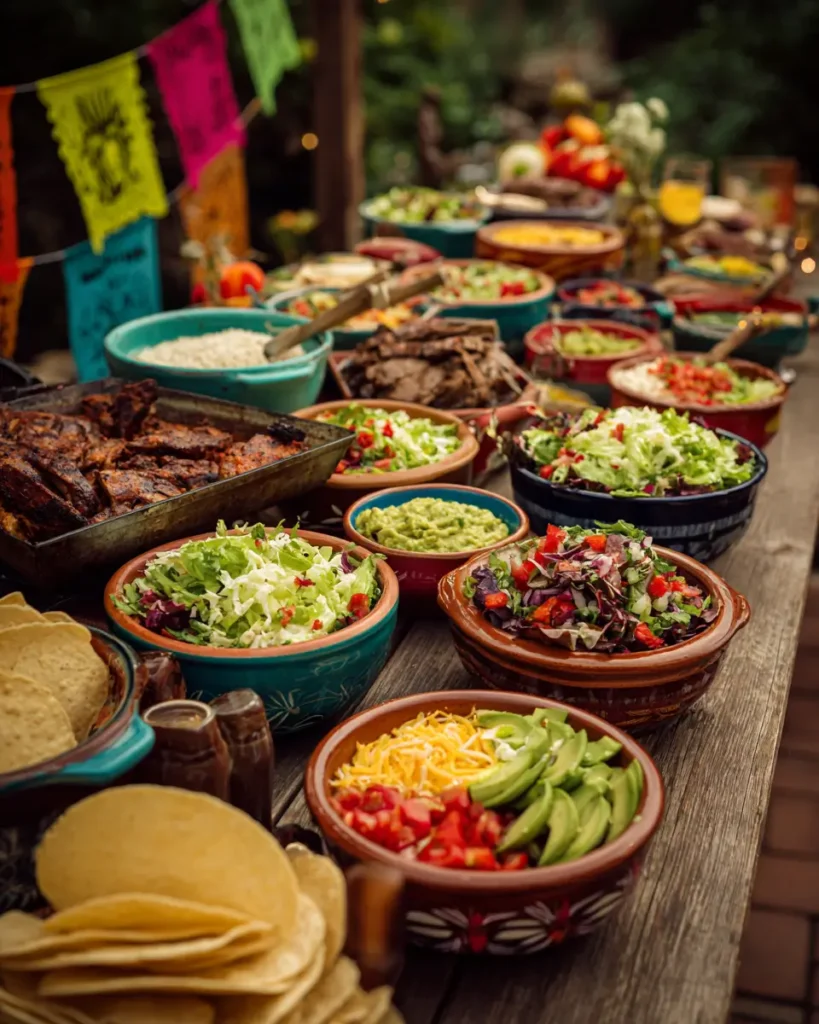 cinco de mayo taco bar ideas with colorful toppings and party setup