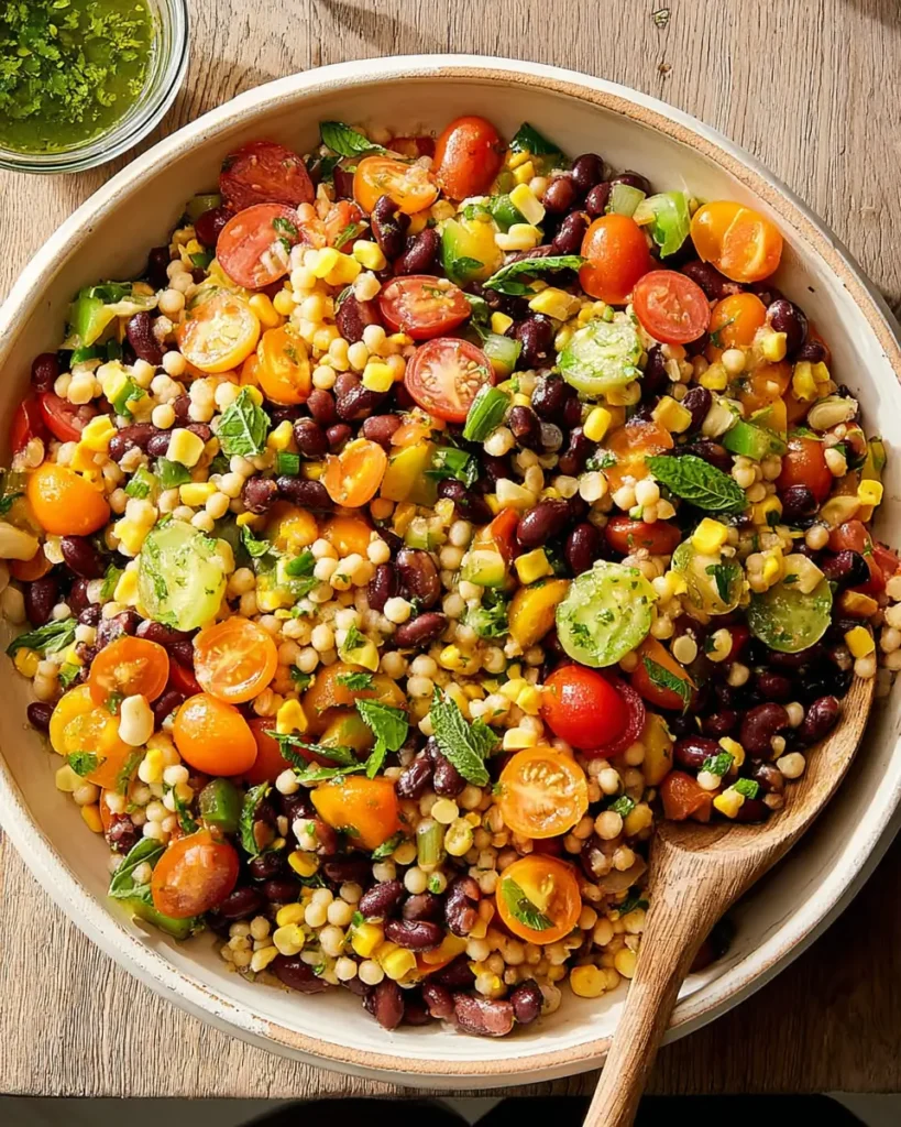 Cowboy Caviar Couscous Salad made with couscous, beans, corn, tomatoes, and fresh herbs