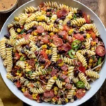 Cowboy Caviar Pasta Salad made with rotini pasta, beans, corn, tomatoes, bacon, and jalapeños