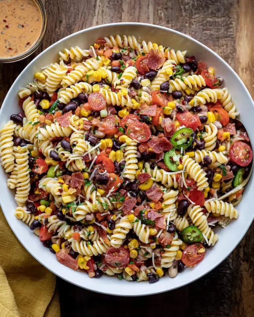 Cowboy Caviar Pasta Salad made with rotini pasta, beans, corn, tomatoes, bacon, and jalapeños