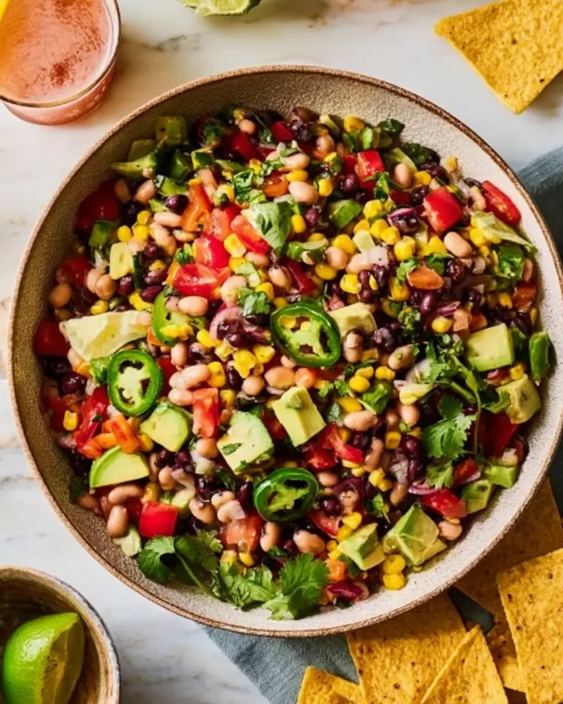 Cowboy Caviar Salad made with beans, corn, avocado, tomatoes, and jalapeños in a serving bowl